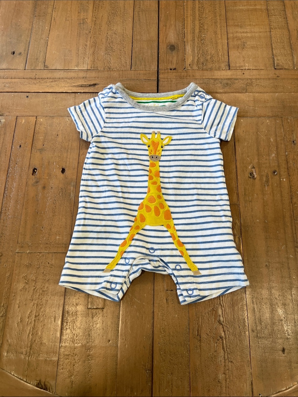 Baby Boden blue stripe giraffe appliqué short romper 0-3 months